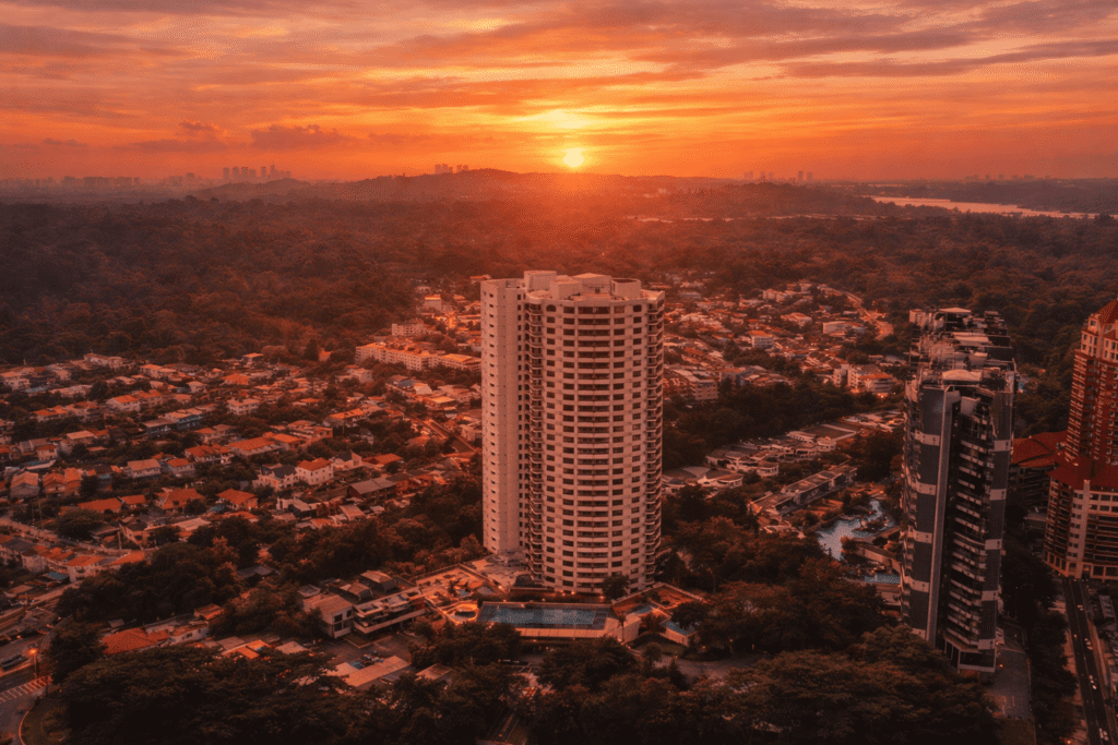 Thomson Reserve sunset view – aerial cityscape with greenery and modern condominiums